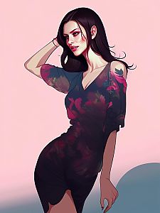Stylish Woman in Floral Dress Against Pink Background