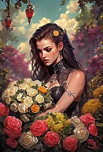 Young Woman with Yellow Rose in Colorful Garden