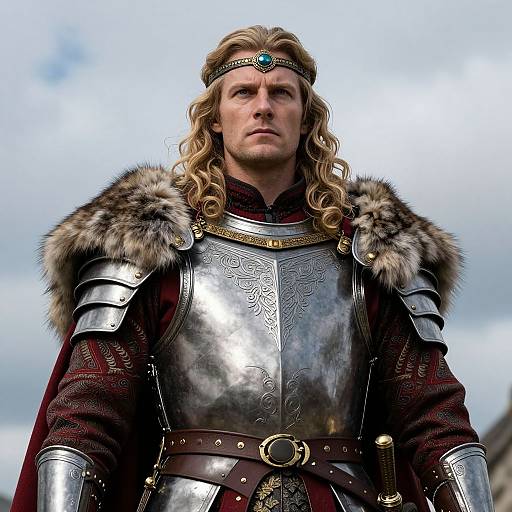 Medieval Knight in Detailed Armor with Fur Mantle and Jeweled Circlet