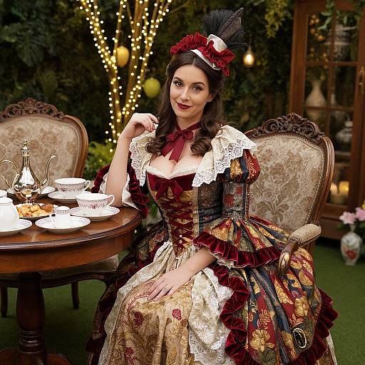 Victorian Woman in Elegant Tea Party Dress with Floral Patterns