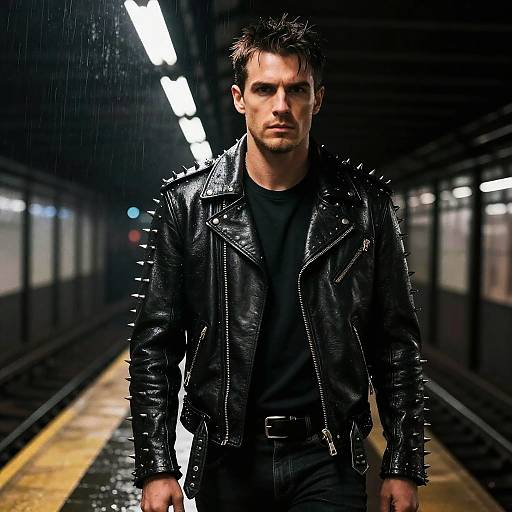 Man Wearing Spiked Black Leather Jacket in Subway Station