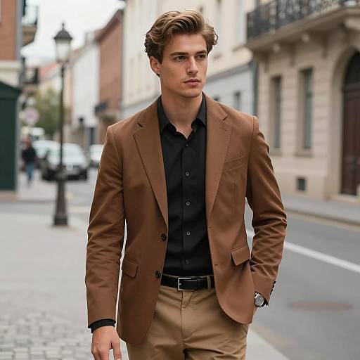 Young Man in Brown Blazer and Black Shirt Walking in City