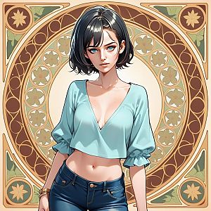 Young Woman in Blue Outfit with Floral Background