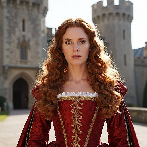 Redhead Woman in Renaissance Dress Standing by Medieval Castle