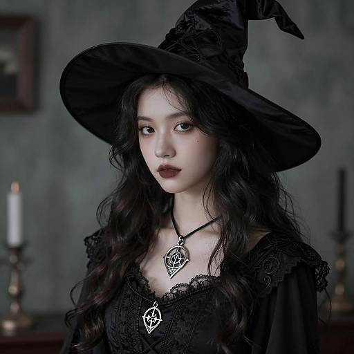 Elegant Gen Z Woman in Black Witch Costume with Gothic Style