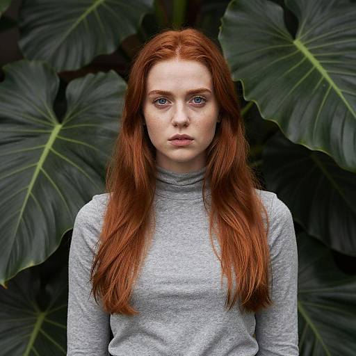 Portrait of Young Red-Haired Woman Against Tropical Leaf Background