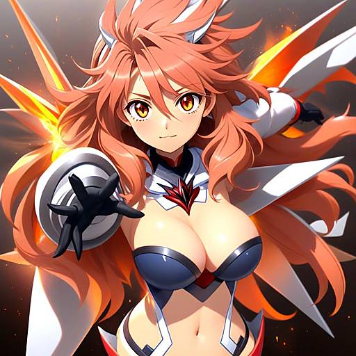 Amou Kanade Fierce Anime Warrior with Fiery Hair and Futuristic Armor