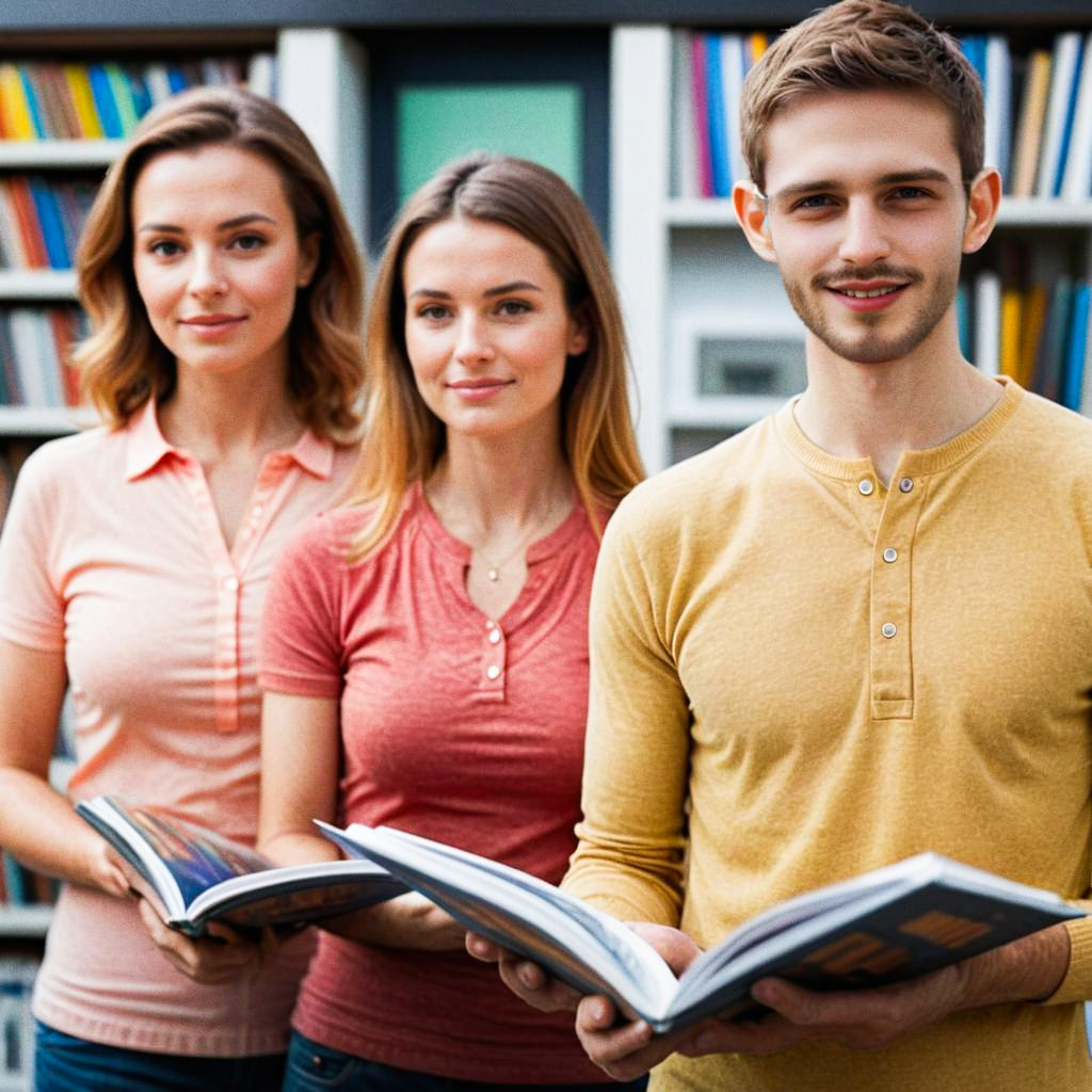 Young Adults in Cozy Library with Books