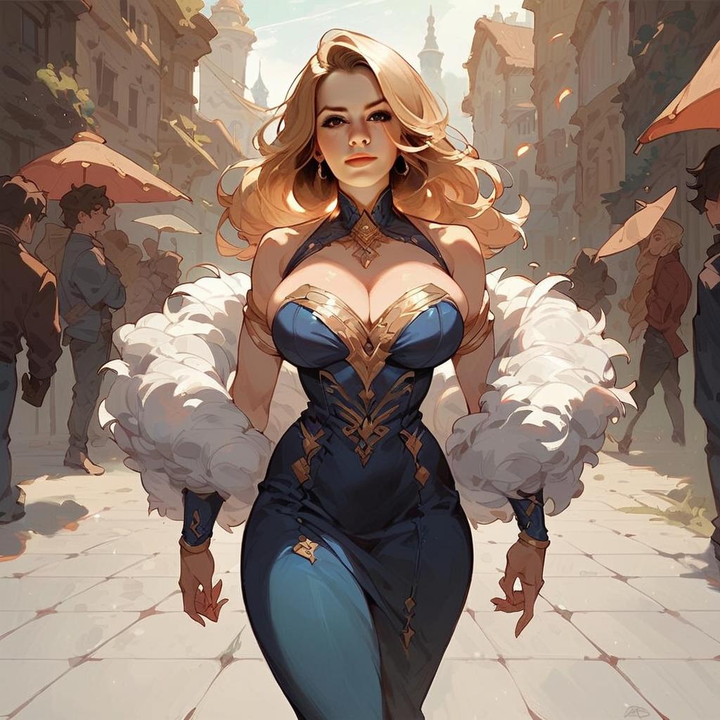 Elegant Woman in Blue Gown Digital Anime Style Artwork