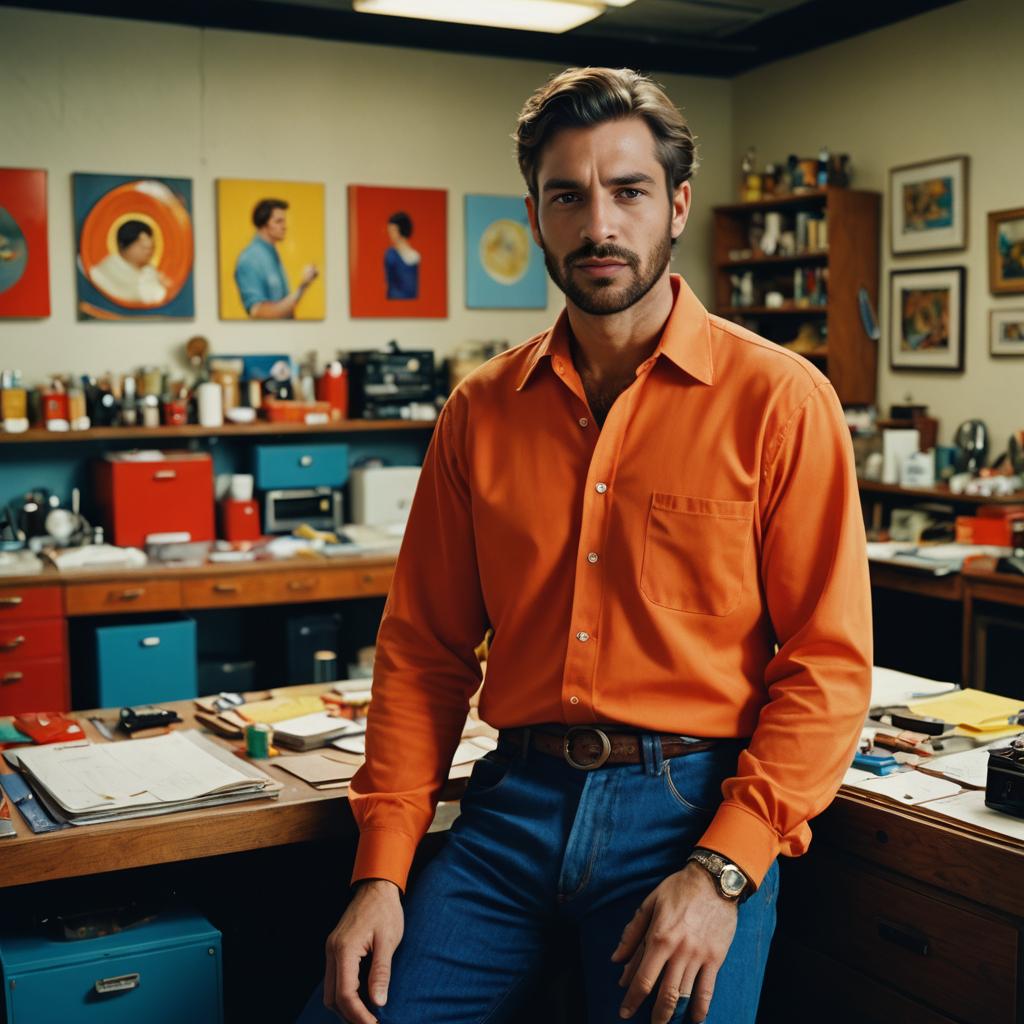 Stylish Man in Orange Shirt at Creative Workspace