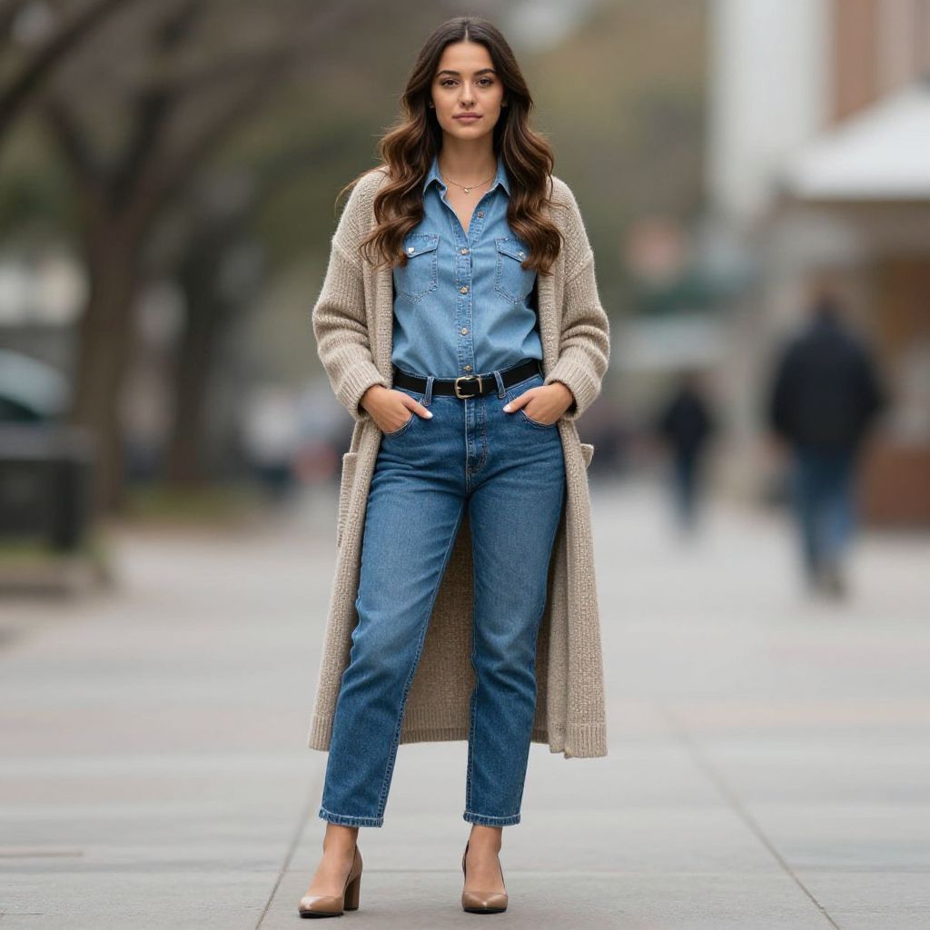 Stylish Woman in Denim and Beige Cardigan Urban Street Fashion