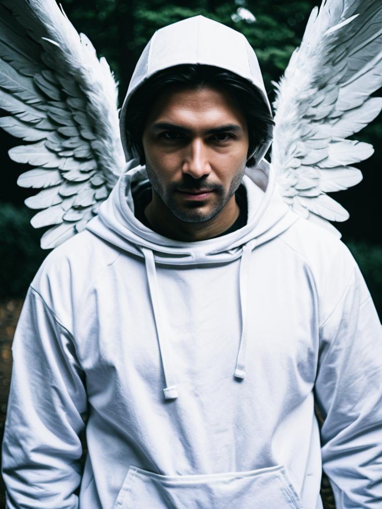 Man Cosplay Angel Costume Realistic Photo in White Hoodie with Wings