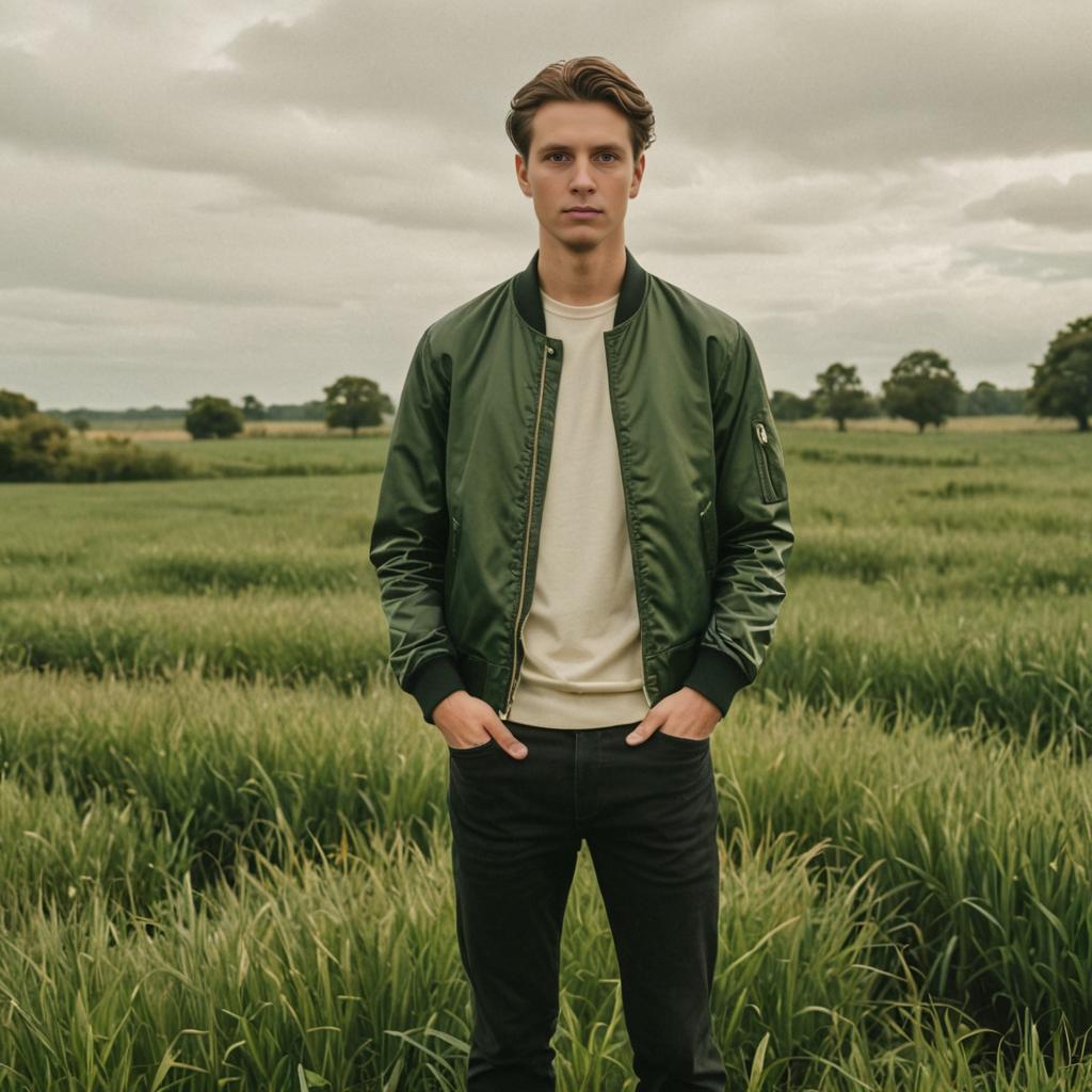 Confident Man in Green Bomber Jacket in Field