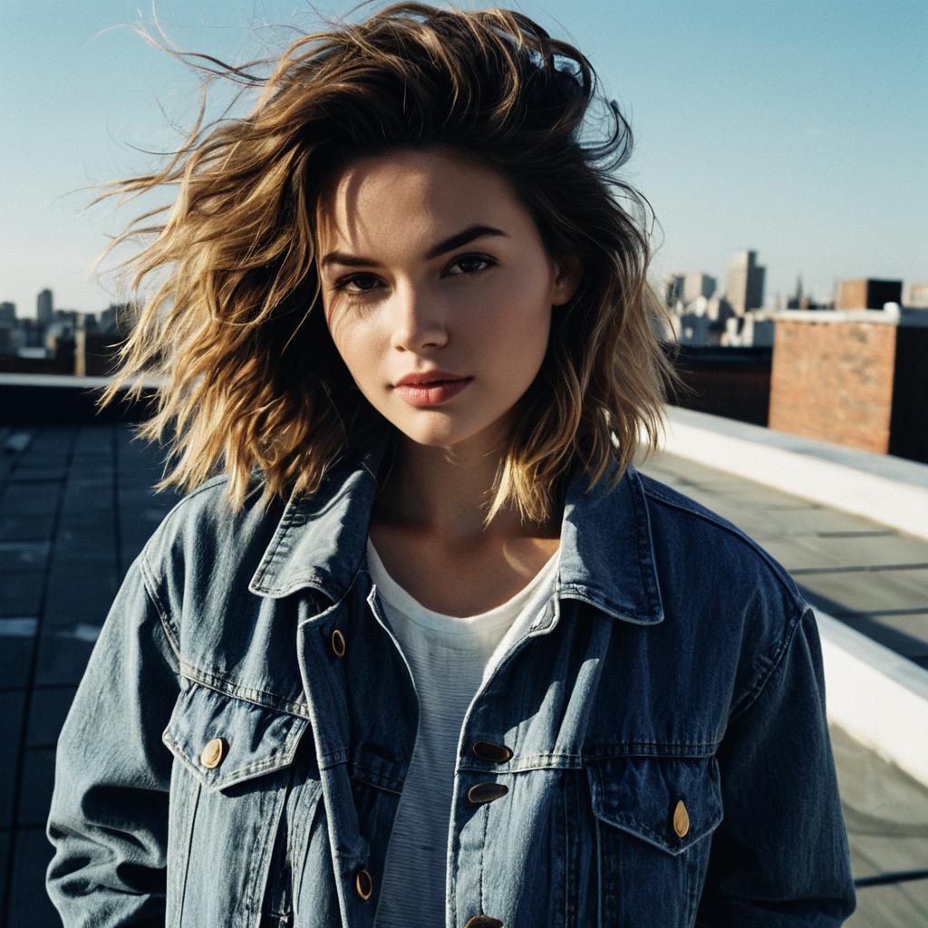 Stylish Young Woman in Denim Jacket on Urban Rooftop with City Skyline