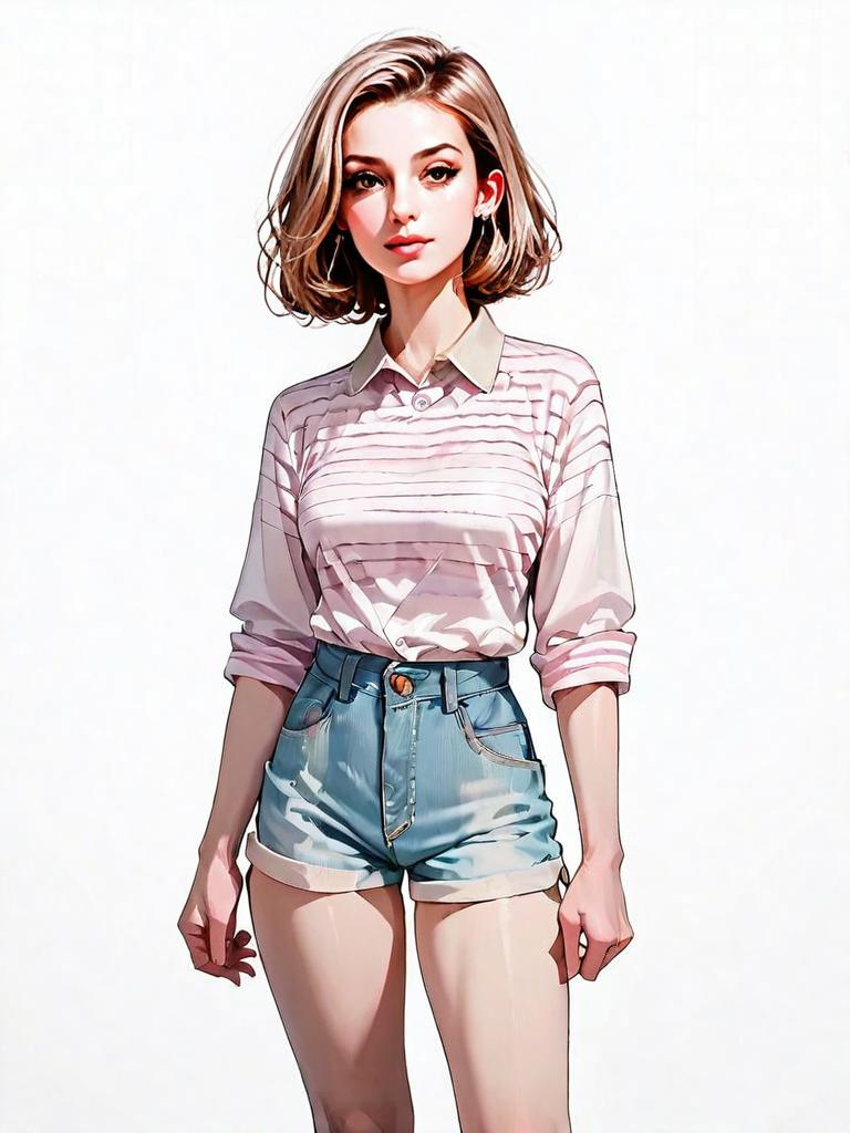 Realistic Comic Style Portrait of Woman in Casual Outfit with High-Waisted Shorts