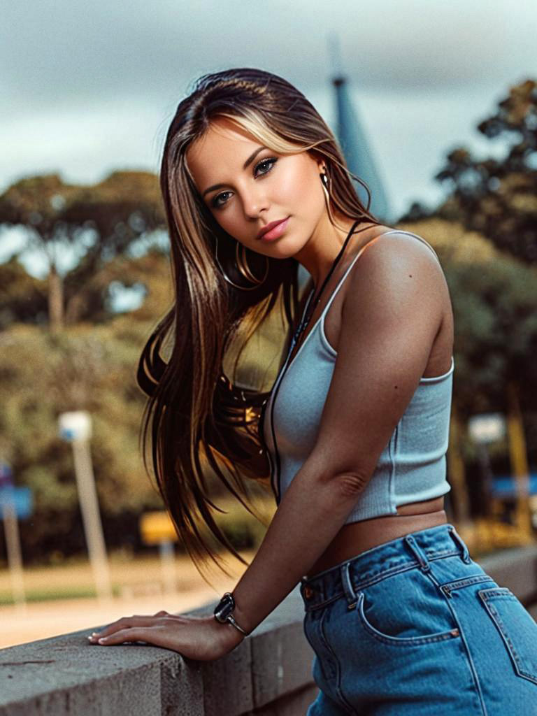 Stylish Woman in Cropped Top and High-Waisted Jeans