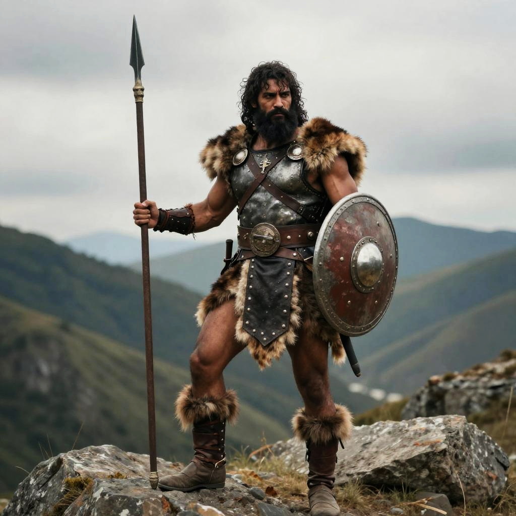 Barbarian Warrior with Spear and Shield in Mountain Landscape