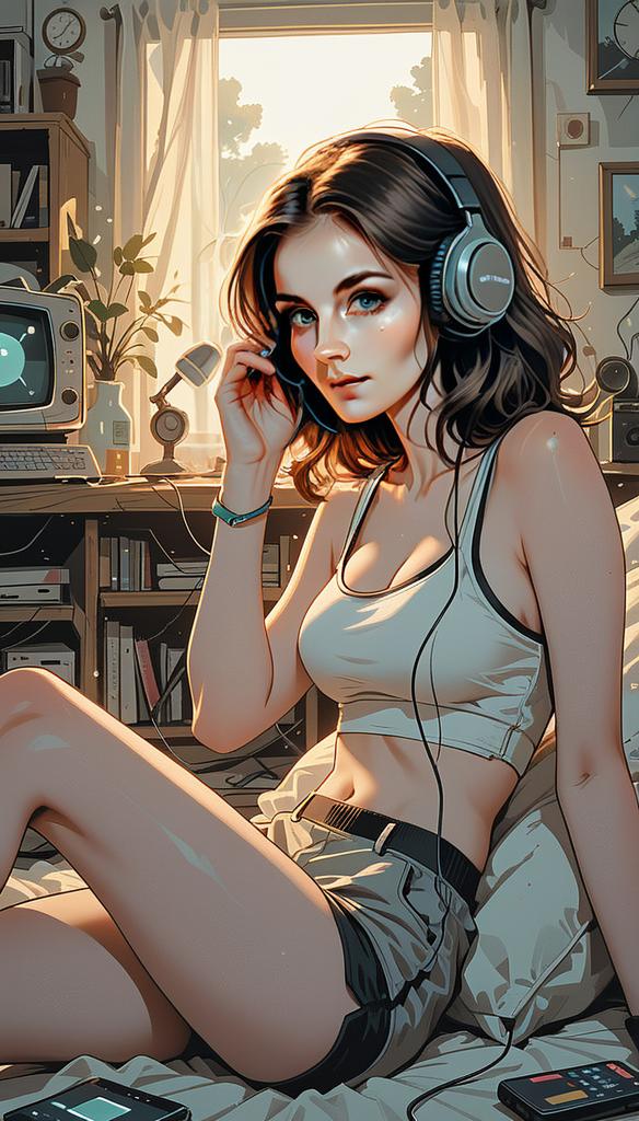 Young Woman with Headphones in Cozy Room
