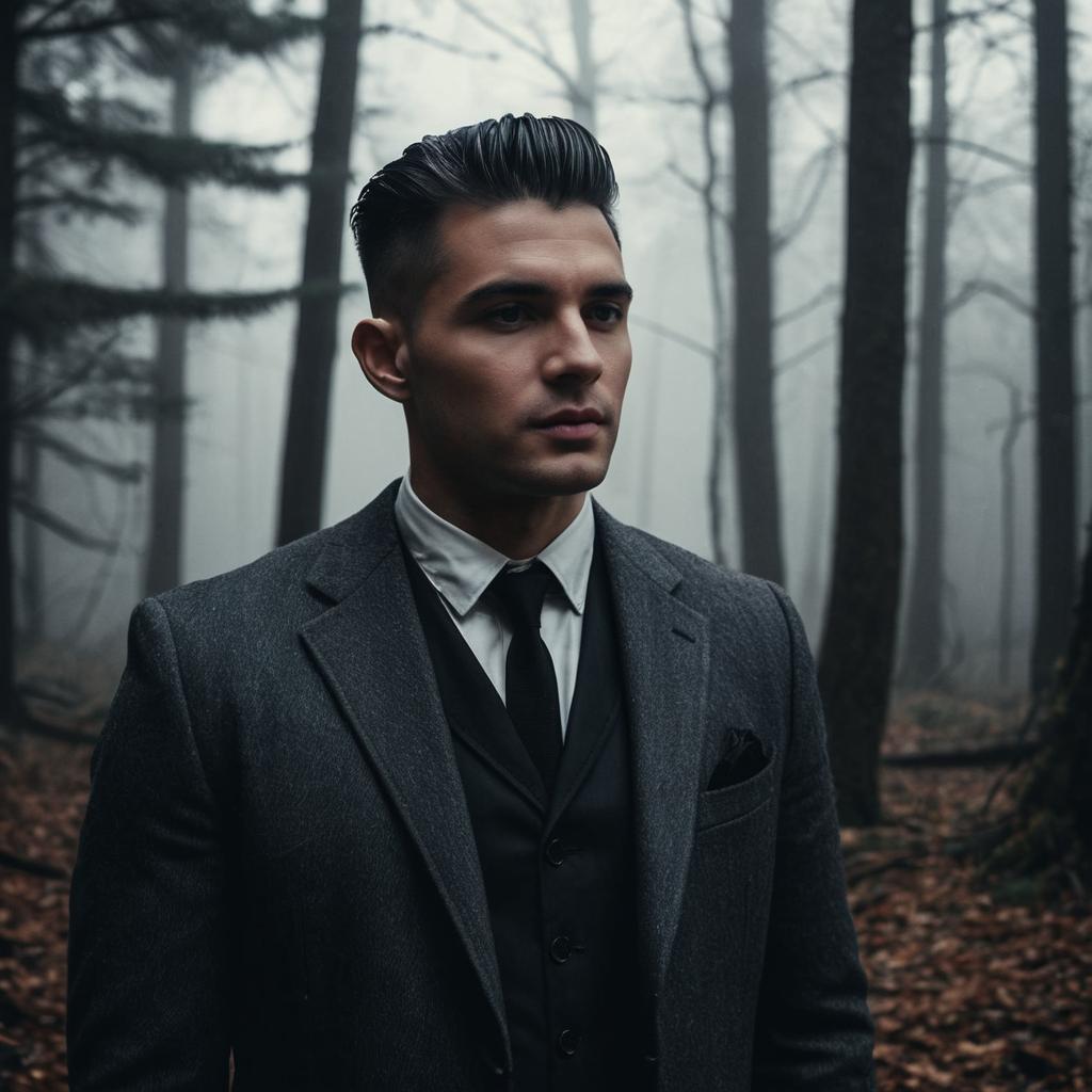 Well-Dressed Man in Misty Forest
