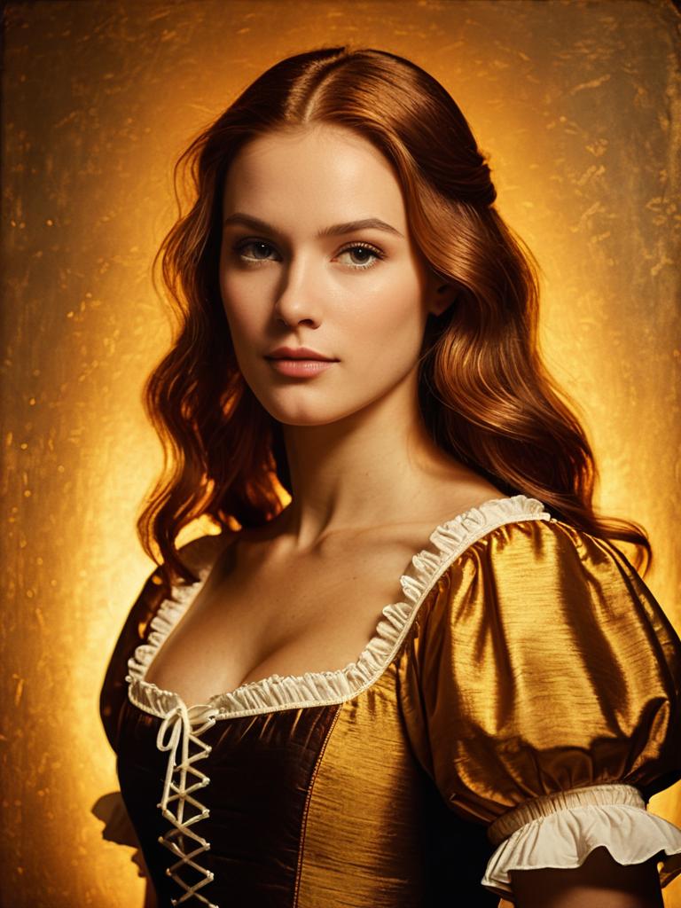 Portrait of Woman in Renaissance Style Golden Dress with Puffed Sleeves