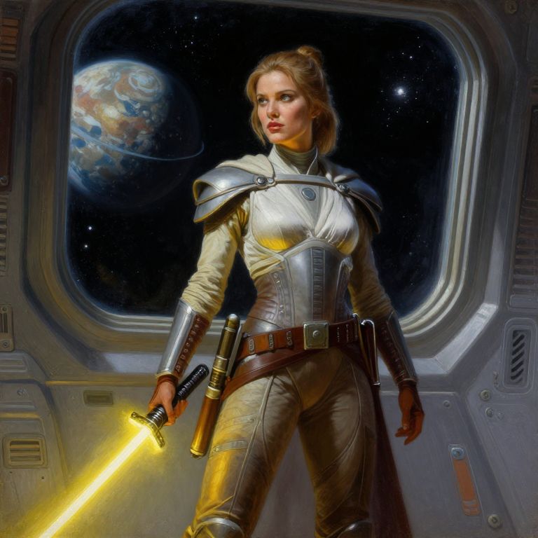 Futuristic Woman Warrior Holding Glowing Energy Sword Inside Spaceship