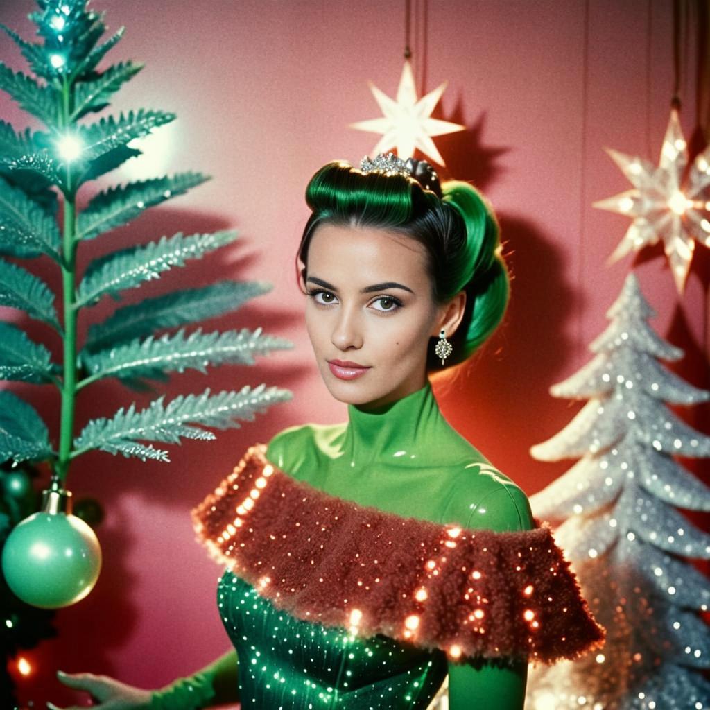 Vibrant Woman with Green Hair in Holiday Decor