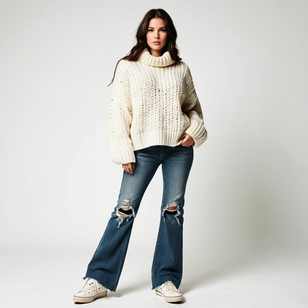 Young Woman in Chunky Sweater and Distressed Flared Jeans Casual Fashion