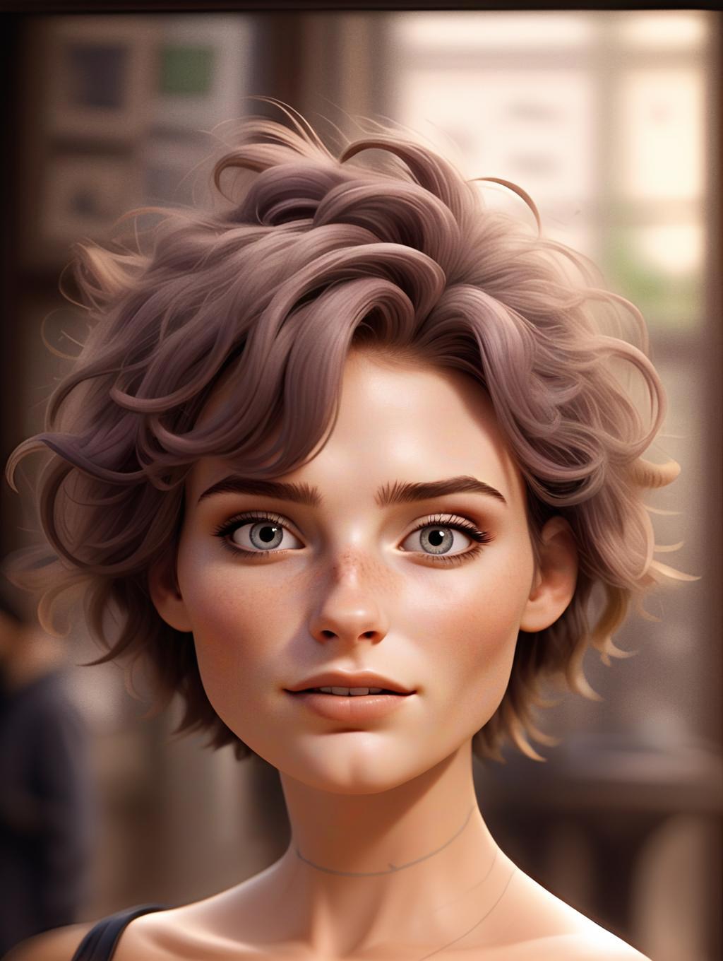 Portrait of a Young Woman with Grey Eyes and Lavender Hair