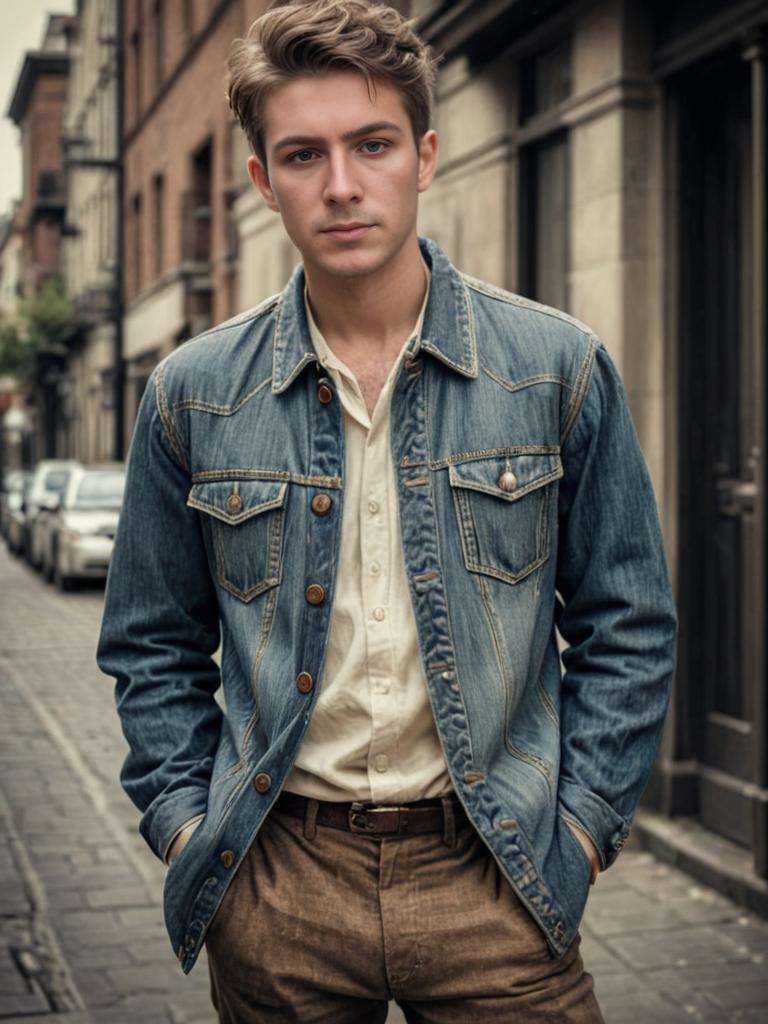 Man in Vintage Denim Jacket on City Street