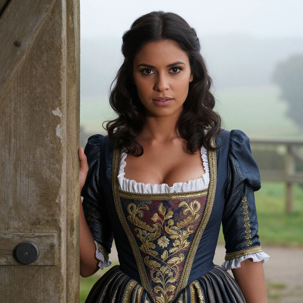 Woman in Embroidered Renaissance Dress by Wooden Door in Misty Countryside