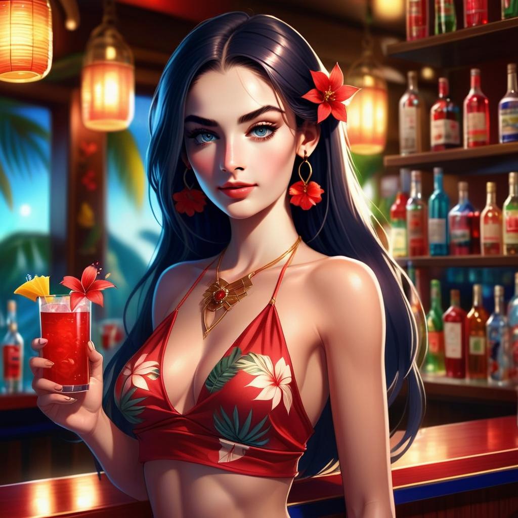 Confident Woman with Tropical Cocktail at Vibrant Bar