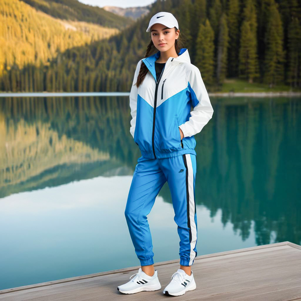 Young Woman in Blue Athletic Outfit by Tranquil Lake