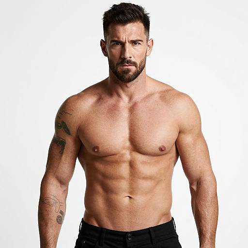 Muscular Shirtless Man with Tattoos on White Background