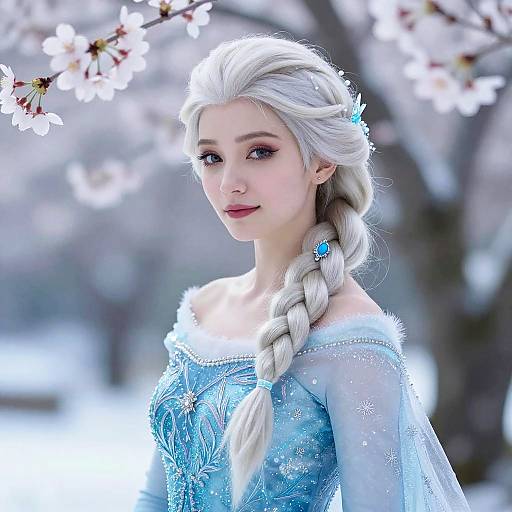 Fantasy Ice Princess Woman in Snowy Winter Landscape with Blue Dress