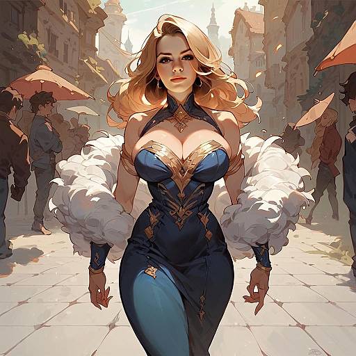 Elegant Woman in Blue Gown Digital Anime Style Artwork