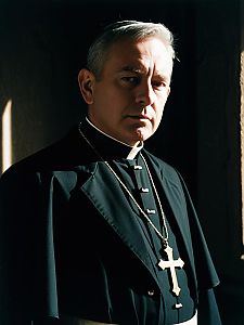 Man in Catholic Priest Costume Waist Up Editorial Portrait Dramatic Lighting