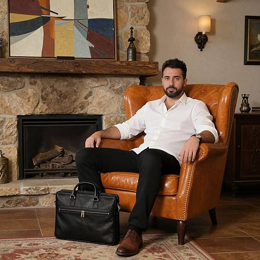 Man in White Shirt Sitting on Leather Armchair with Briefcase by Fireplace