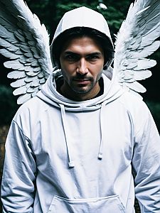 Man Cosplay Angel Costume Realistic Photo in White Hoodie with Wings
