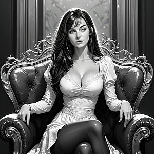 Elegant Woman in Lace Dress on Leather Armchair