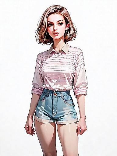 Realistic Comic Style Portrait of Woman in Casual Outfit with High-Waisted Shorts