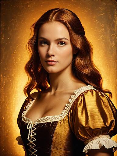 Portrait of Woman in Renaissance Style Golden Dress with Puffed Sleeves