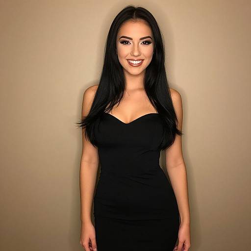 Confident Young Woman in Black Dress Against Neutral Background