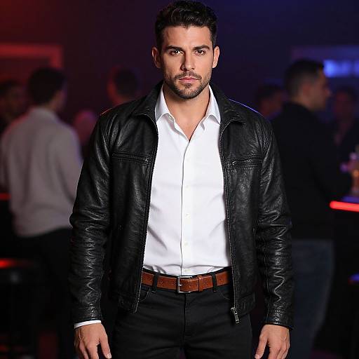 Confident Man in Black Leather Jacket at Nightclub
