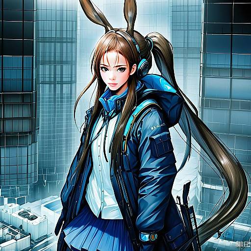 Amiya Inspired Urban Anime Girl with Bunny Ears in Futuristic Cityscape