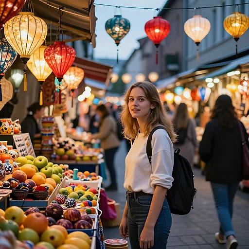 Young Woman Exploring Vibrant Lantern-Lit Outdoor Market with Fresh Fruits
