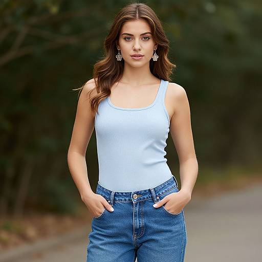 Confident Young Woman in Light Blue Top and Denim Jeans Outdoors