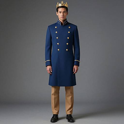 Man in Regal Navy Blue Military Coat with Crown Standing Against Gray Background