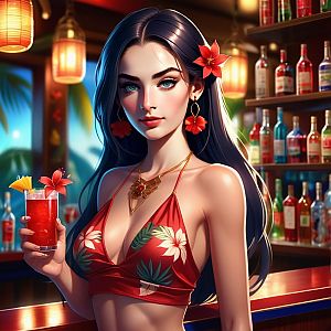 Confident Woman with Tropical Cocktail at Vibrant Bar
