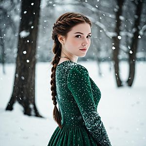 Young Woman in Green Velvet Dress Standing in Snowy Forest Winter Portrait