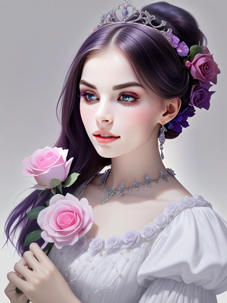 Elegant Violet-Haired Woman with Roses Digital Portrait